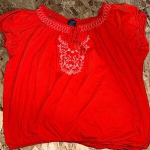Faded Glory Red Short-Sleeve Embroidered Peasant Blouse